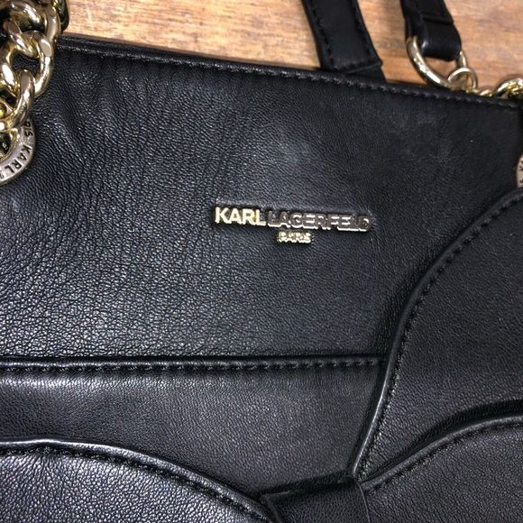 Karl Lagerfeld Black Leather Bow Gold Chain Handbag Purse, MSRP $198 - Picture 4 of 11